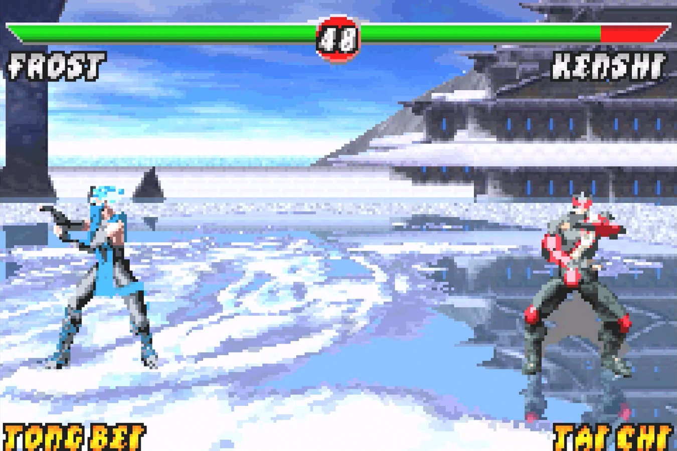Frost, back-turned and fullscreen, versus a largely unconcerned Kenshi